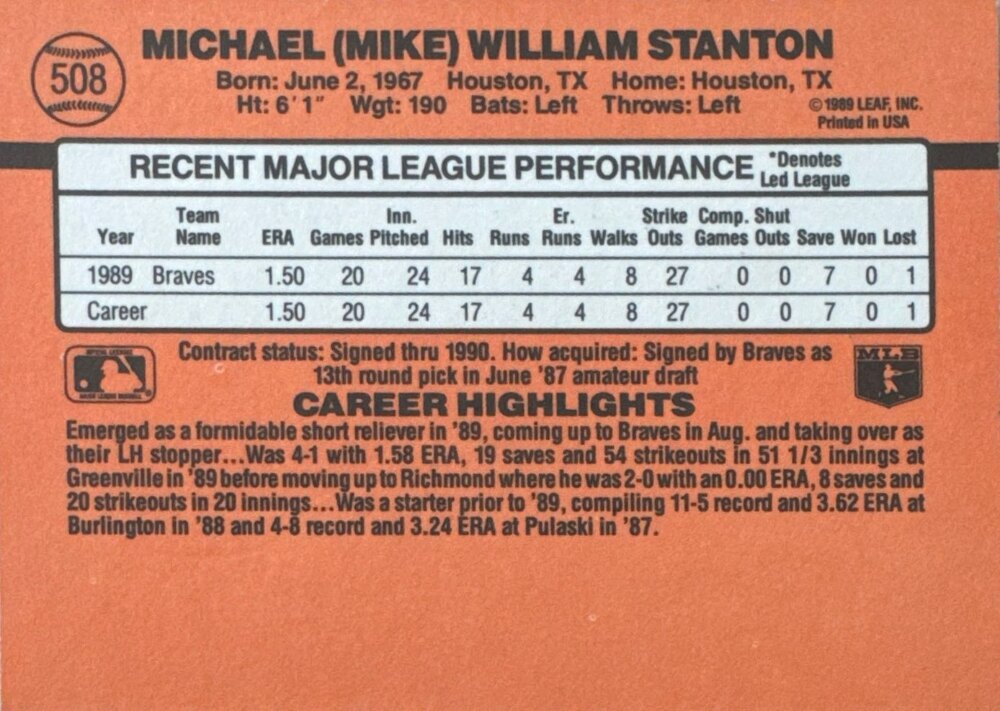 1990 Donruss Michael (Mike) William Stanton Baseball Card #508