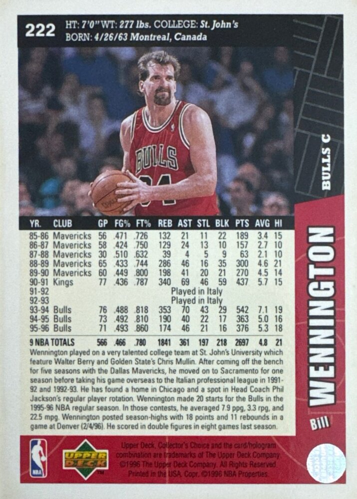 1996 Upper Deck Collectors Choice Bill Wennington Basketball Card #222