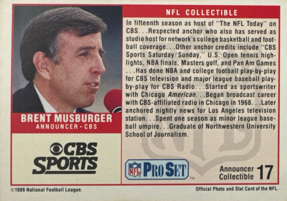 1989 NFL Pro Set Brent Musburger CBS SPorts Football Card #17