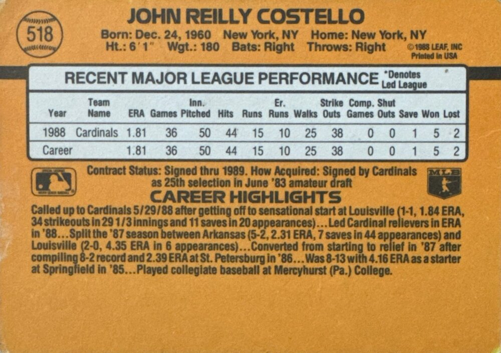 1989 Donruss John Reilly Costello Baseball Card #518