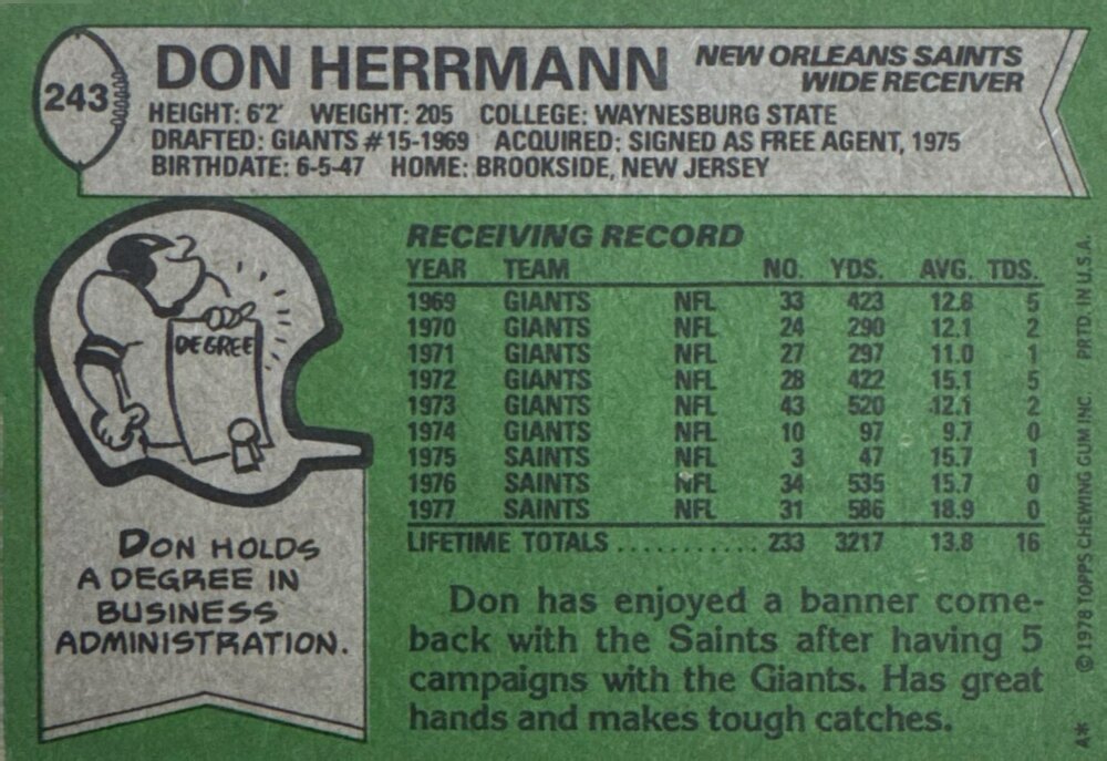 1978 Topps Don Herrmann Football Card #243