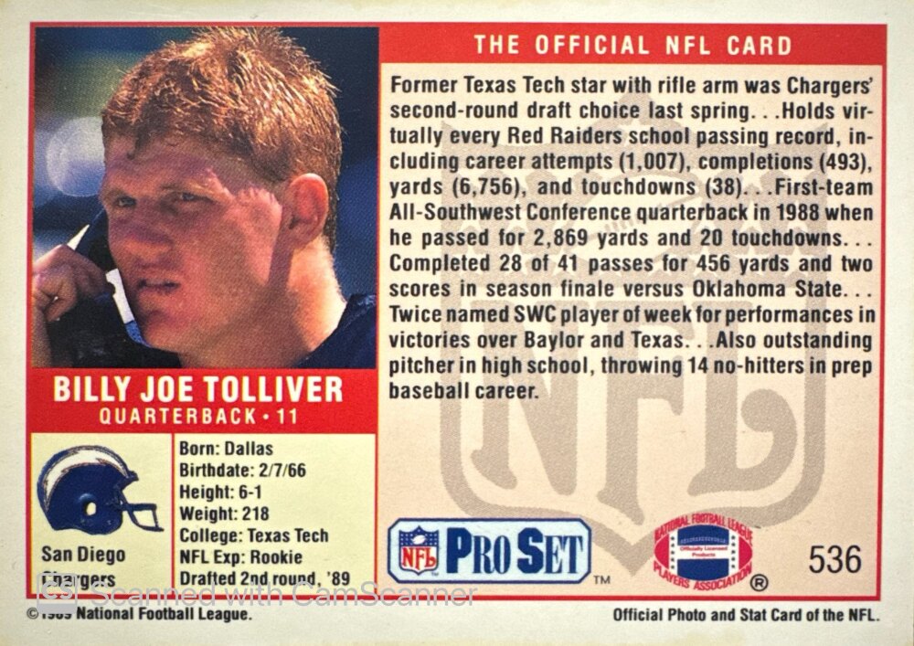 1989 NFL Pro Set Billy Joe Tolliver Baseball Card #536