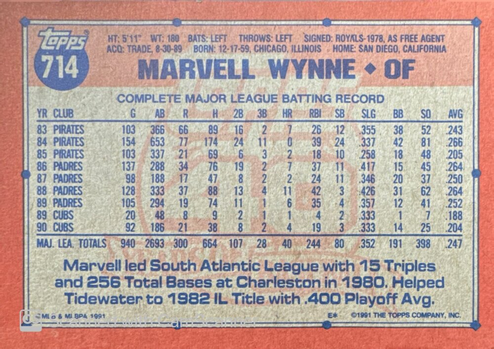 1991 Topps Marvell Wynne Baseball Card #714