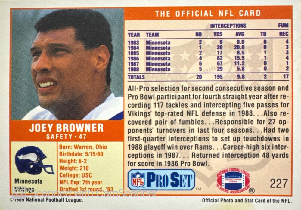 1989 NFL Pro Set Joey Browner Football Card #227