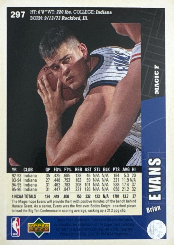 1996 Upper Deck Brian Evans Basketball Card #297