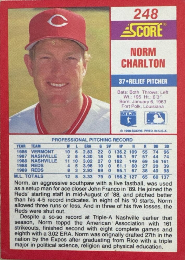 1990 Score Norm Charlton Baseball Card #248