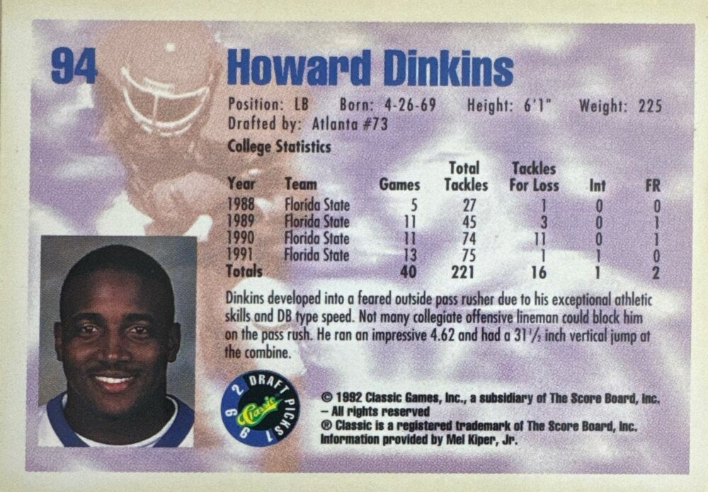 1992 Classic Draft Picks Howard Dinkins Football Card #94