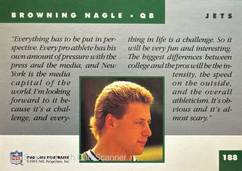 1991 NFL Pro Line Portraits Browning Nagle Football Card #188