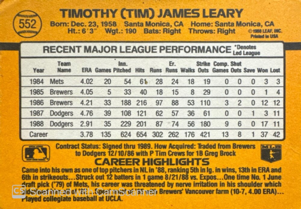 1989 Donruss Timothy (Tim) James Leary Baseball Card #552