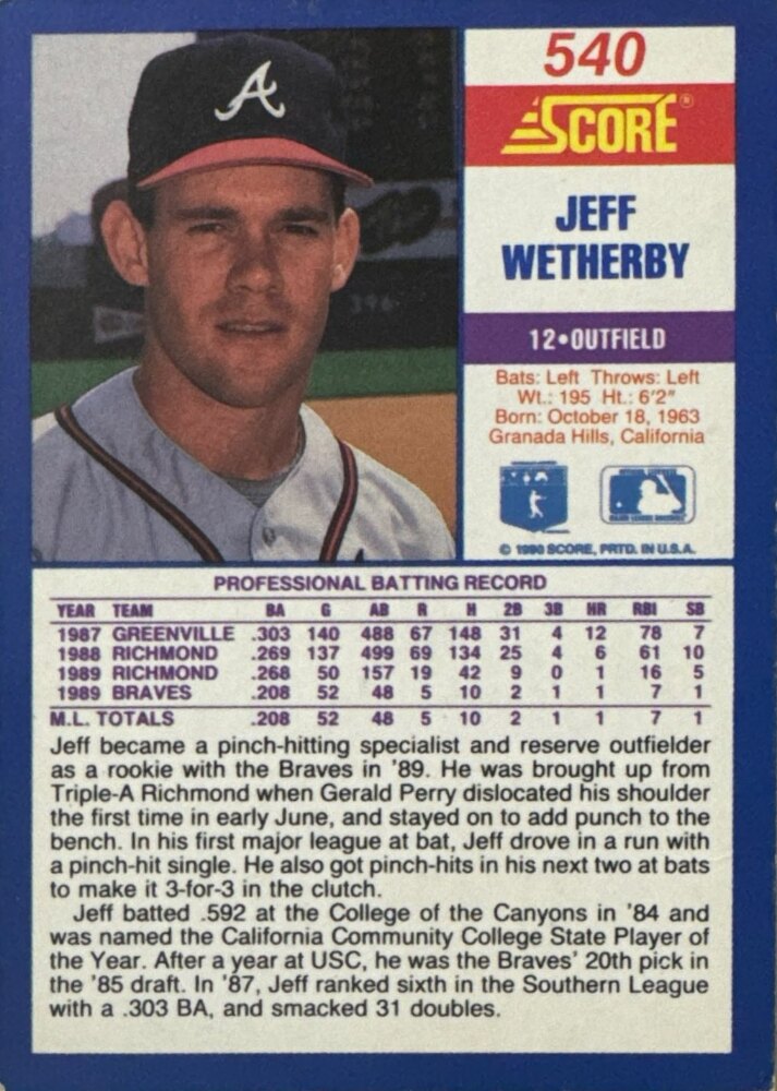 1990 Score Jeff Wetherby Baseball Card #540