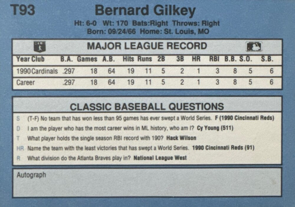 1991 Classic Bernard Gilkey Baseball Card #T93