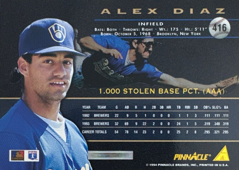 1994 Pinnacle Alex Diaz Baseball Card #416