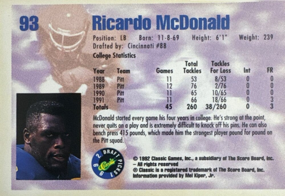 1992 Classic Draft Picks Ricardo McDonald Football Card #93