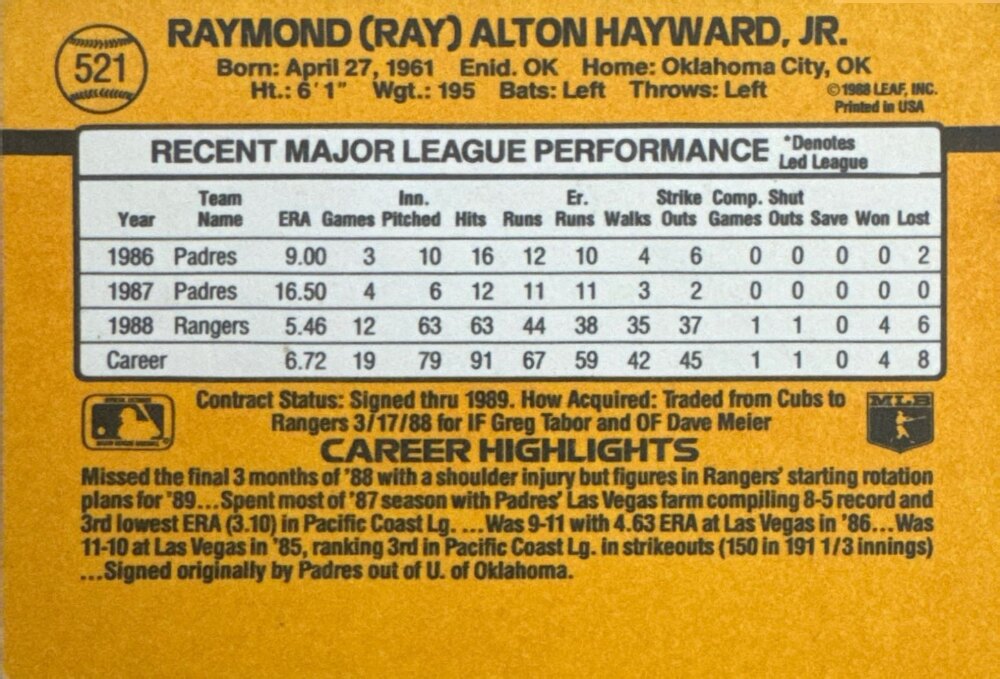 1989 Donruss Raymond (Ray) Alton Hayward JR. Baseball Card #521