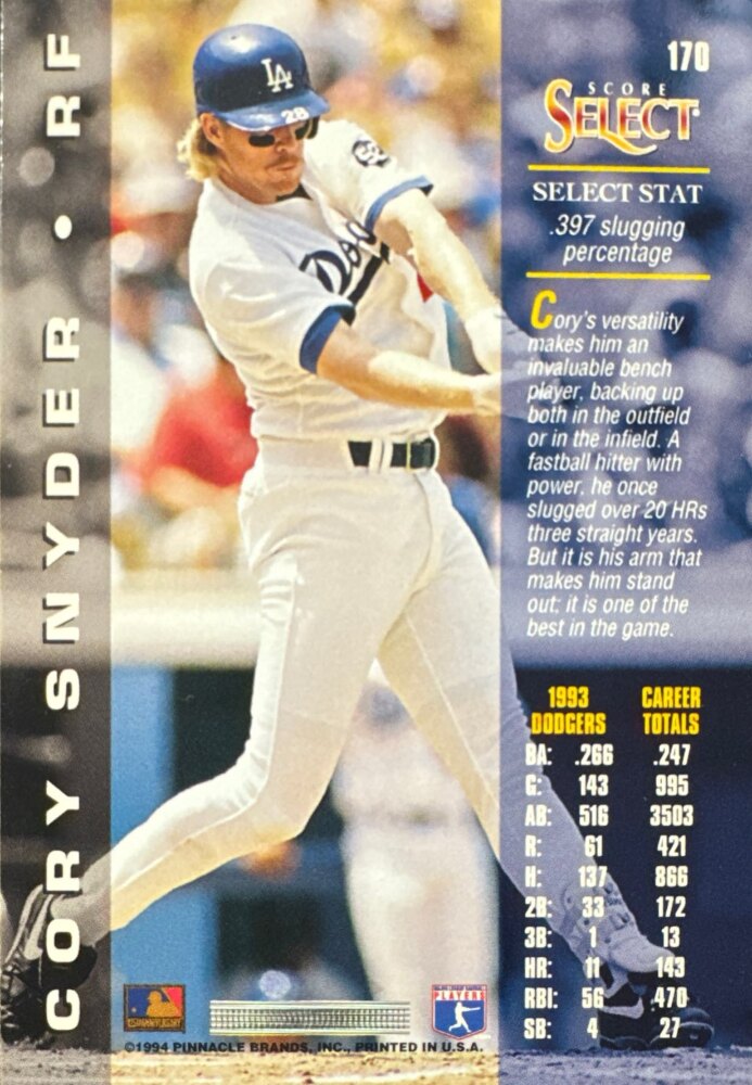 1994 Score Select Cory Snyder Baseball Card #170