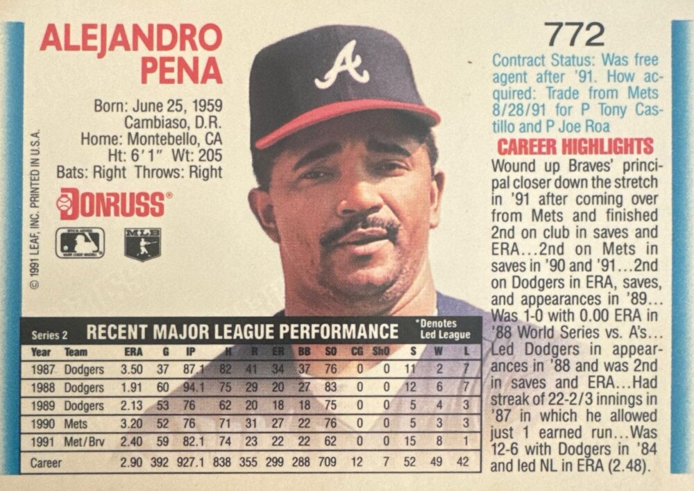 1992 Donruss Alejandro Pena Baseball Card #772