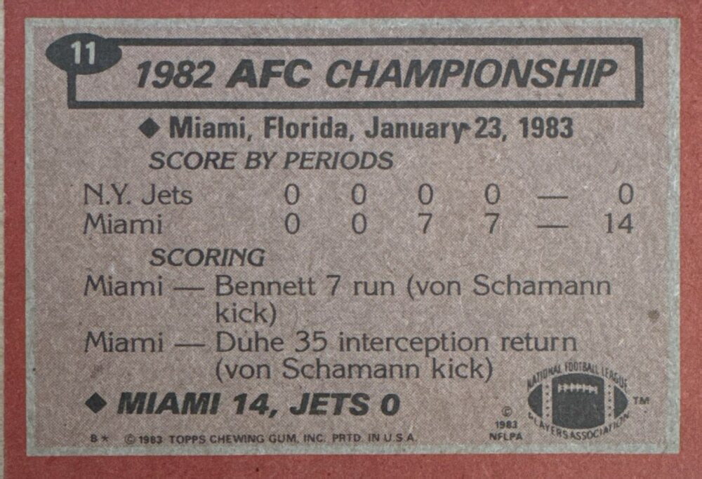 1983 Topps 1982 AFC Championship Miami 14, Jets 0 Football Card #11