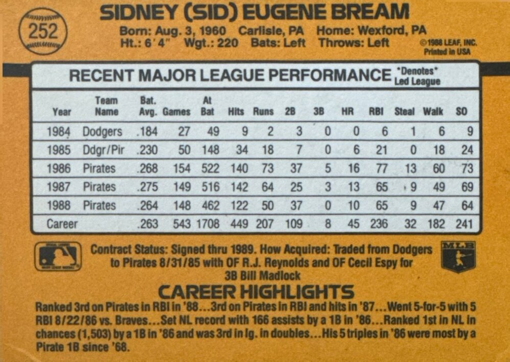 1989 Donruss Sidney (SID) Eugene Bream Baseball Card #252