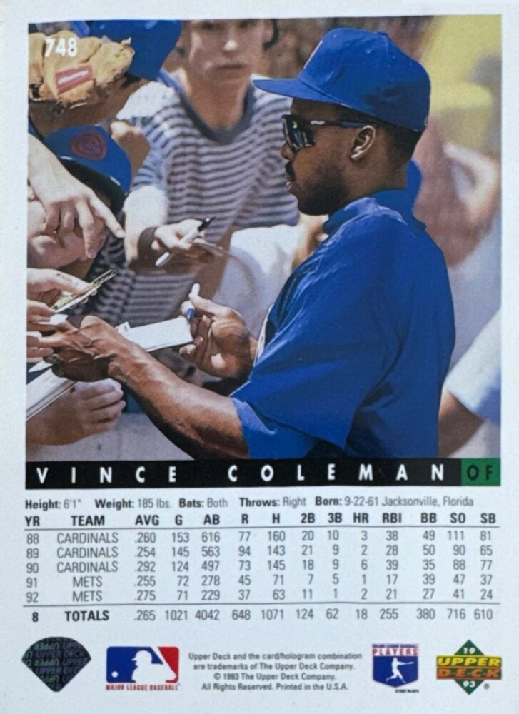 1993 Upper Deck Vince Coleman Baseball Card #748