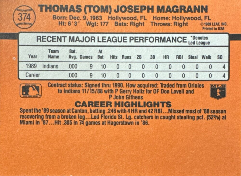 1990 Donruss Thomas (Tom) Joseph Magrann Baseball Card #374