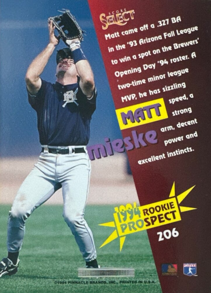 1994 Score Select 1994 Rookie Prospect Matt Mieske Baseball Card #206