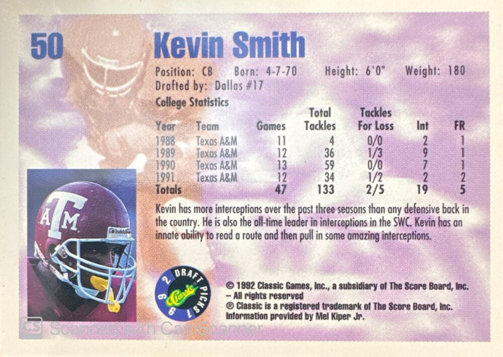 1992 Classic Draft Picks Kevin Smith Football Card #50