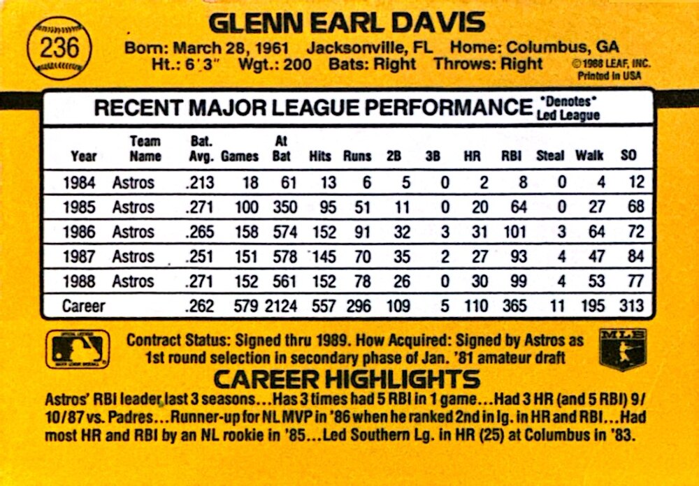 1989 Donruss Glenn Earl Davis Baseball Card #236