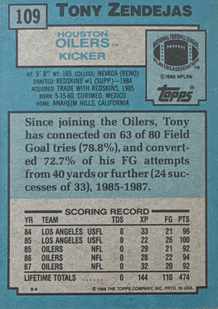 1988 Topps Tony Zendejas Football Card #109