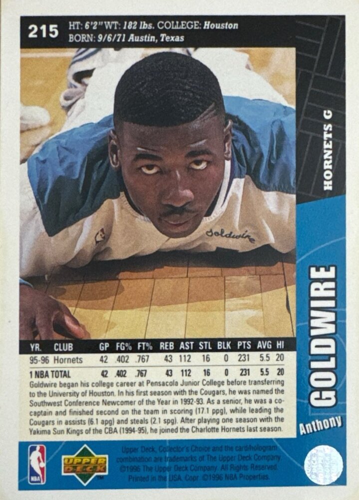 1996 Upper Deck Collectors Choice Anthony Goldwire Basketball Card #215