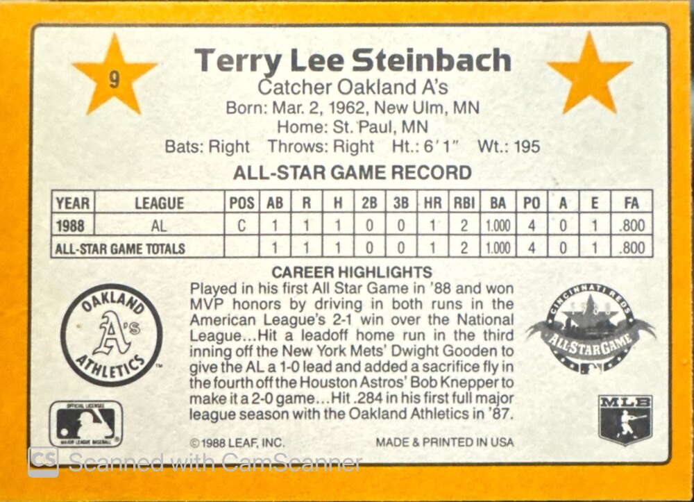 1989 Donruss Terry Lee Steinbach Baseball Card #9