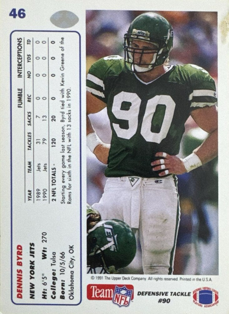 1991 Upper Deck Dennis Byrd Football Card #46