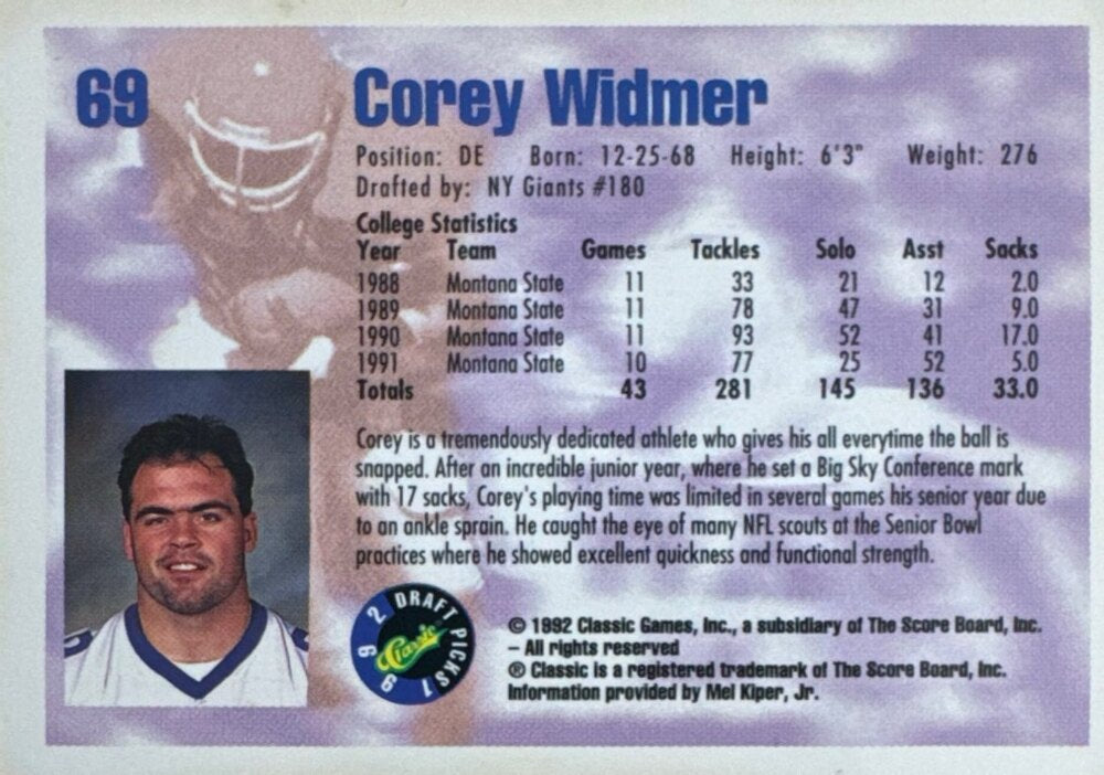 1992 Classic Draft Picks Corey Widmer Football Card #69