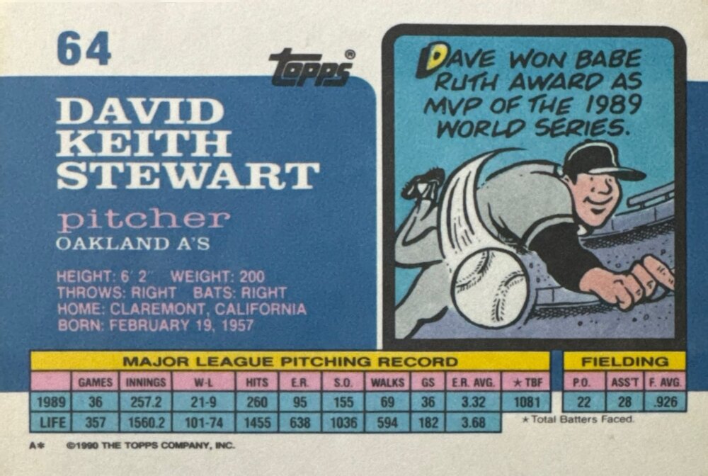 1990 Topps David Keith Stewart Baseball Card #64