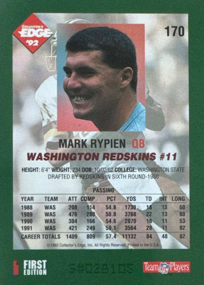 1992 Collectors Edge Mark Rypien Football Card #170