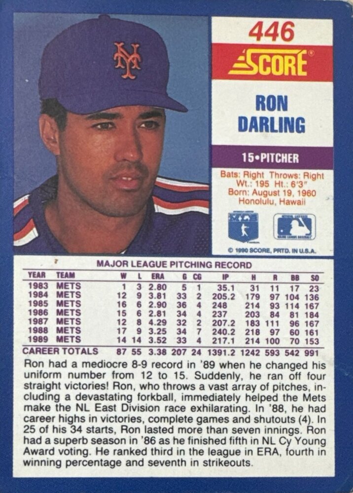 1990 Score Ron Darling Baseball Card #446