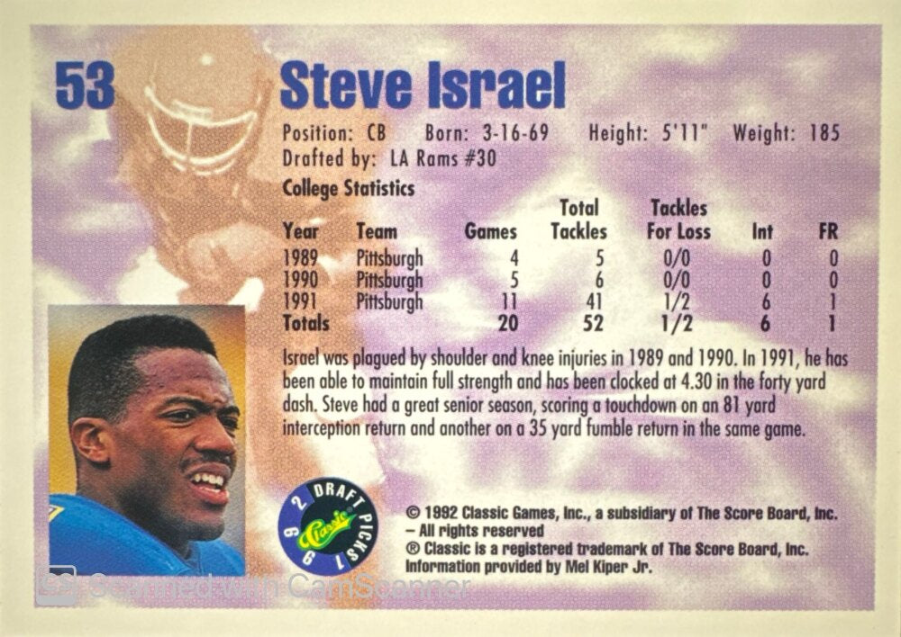 1992 Classic Draft Picks Steve Israel Football Card #53