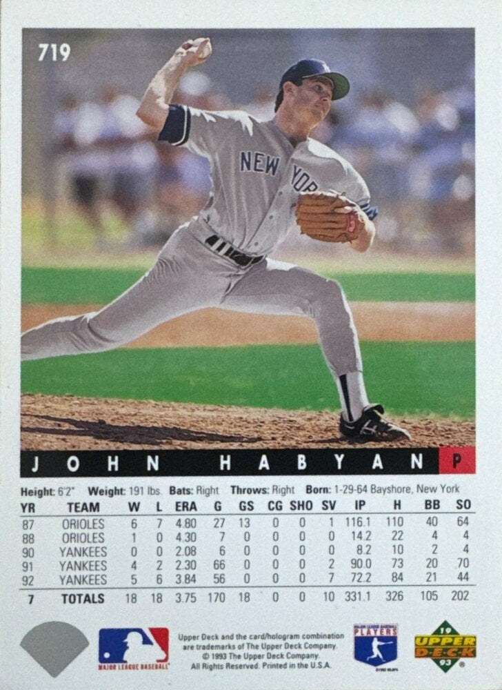 1993 Upper Deck John Habyan Baseball Card #719