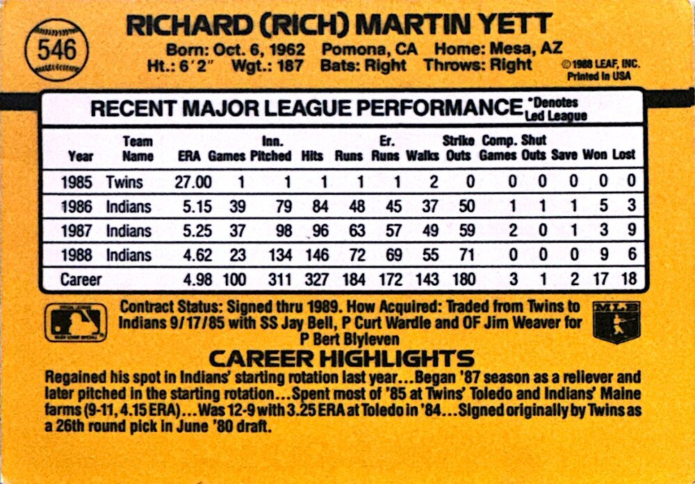 1989 Donruss Rich Yett Baseball Card #546