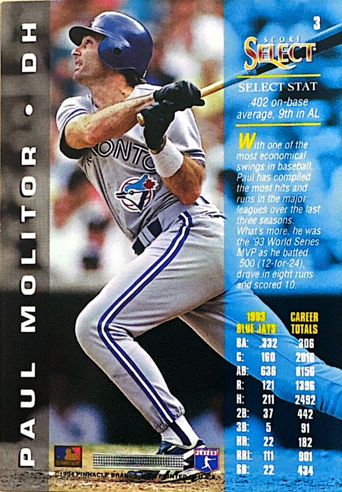 1994 Score Select Paul Molitor Baseball Card #3