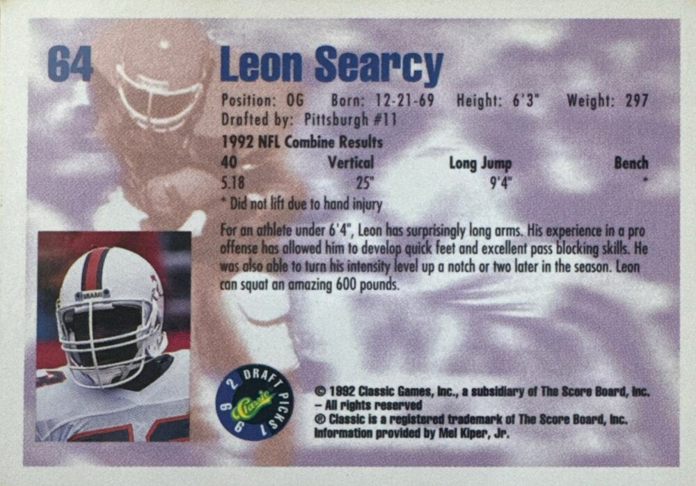 1992 Classic Draft Picks Leon Searcy Football Card #64