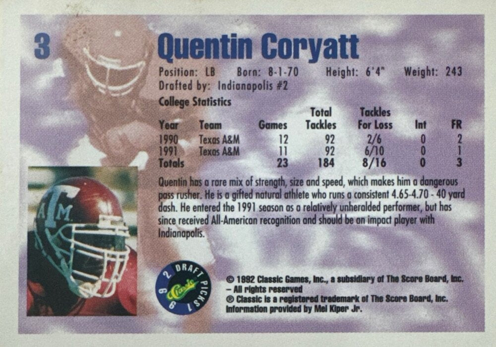 1992 Classic Draft Picks Quentin Coryatt Football Card #3