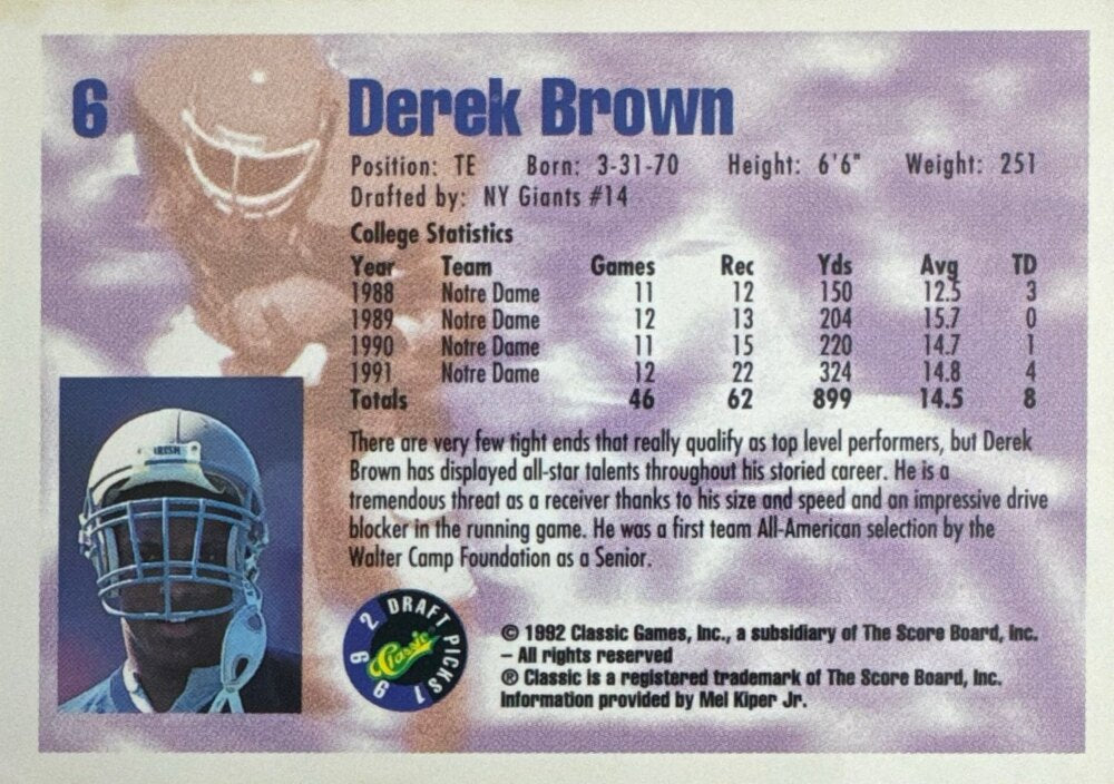 1992 Classic Draft Picks Derek Brown Football Card #6