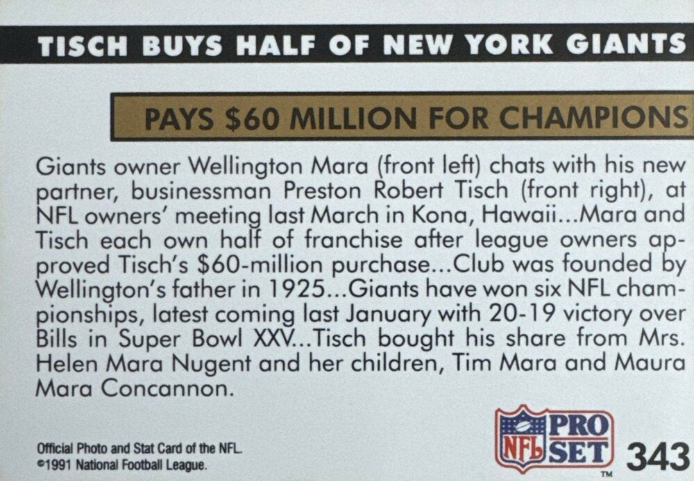 1991 NFL Pro Set Tish Buys Half of New York Giants Pays $60 Milliion For Champions Football Card #343