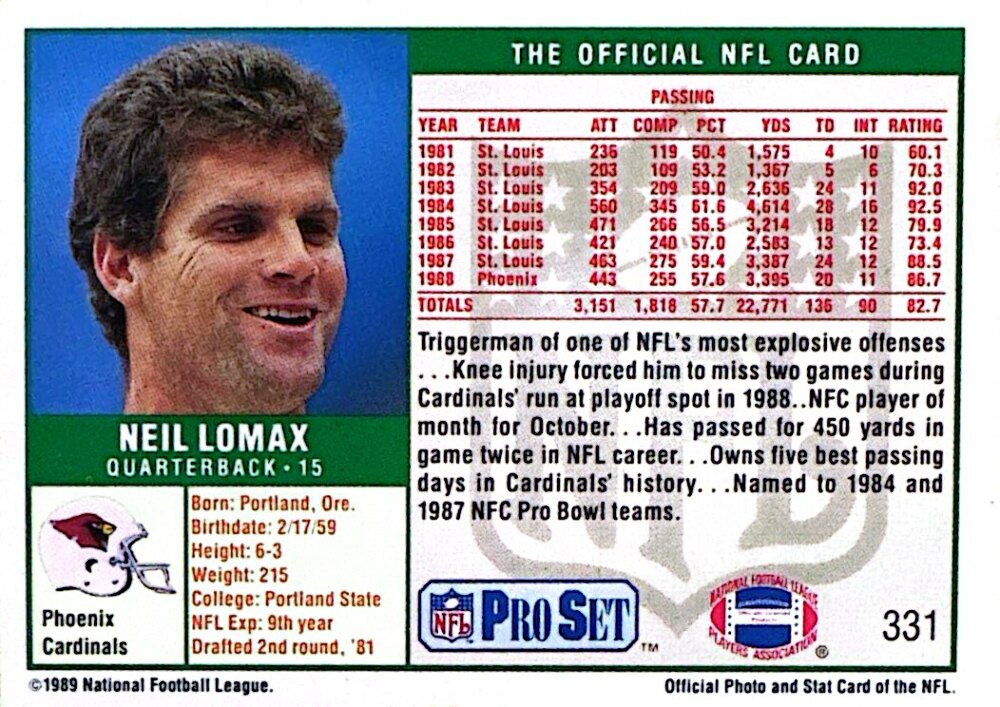 1989 NFL Pro Set Neil Lomax Football Card #331