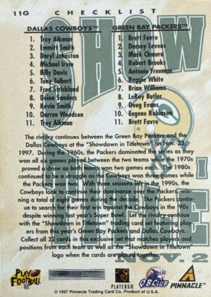 1997 Pinnacle Checklist Green Bay Packers Football Card #11G