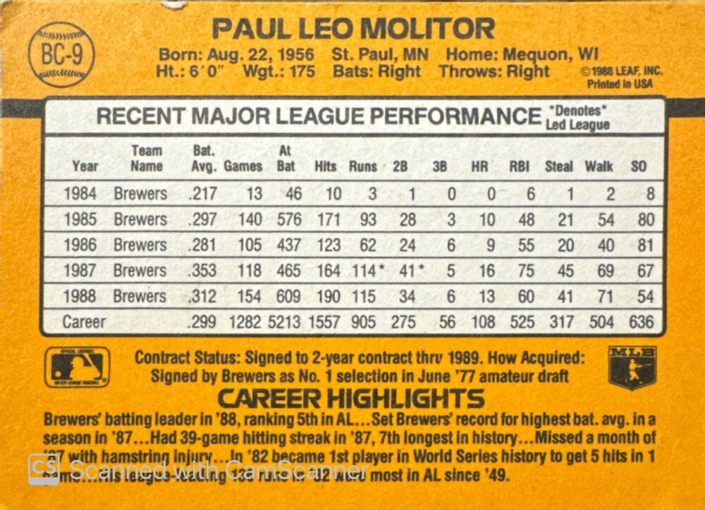 1989 Donruss Paul Leo Molitor Baseball Card #BC-9