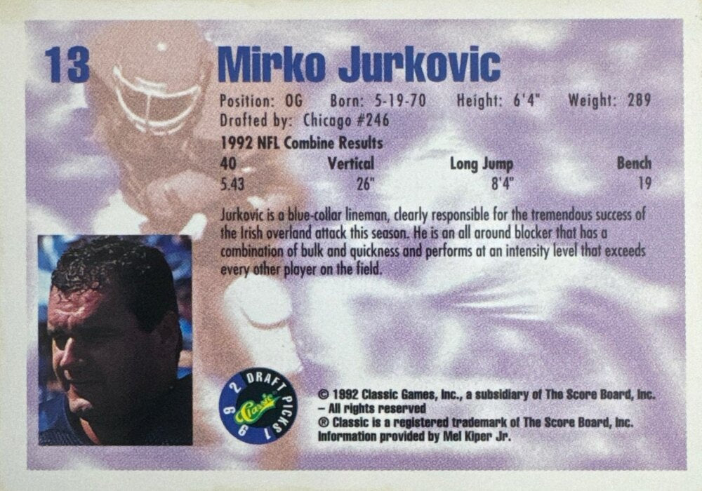 1992 Classic Draft Picks Mirko Jurkovic Football Card #13