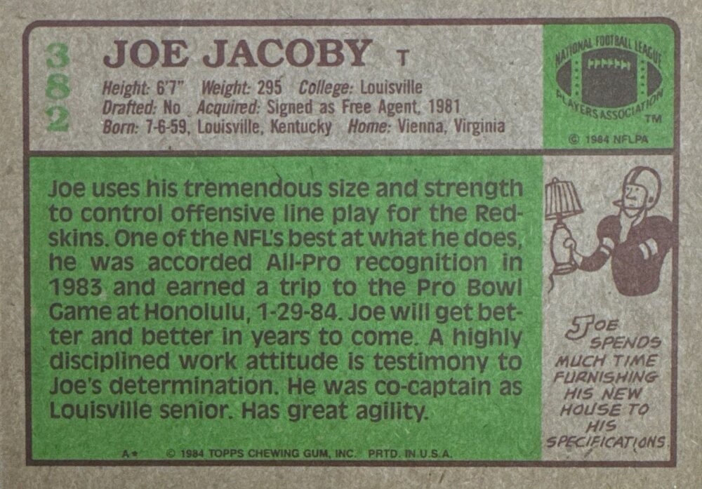 1984 Topps Joe Jacoby Football Card #382