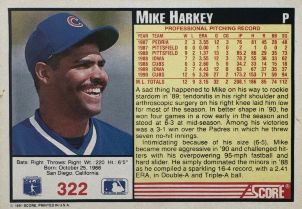 1991 Score Mike Harkey Baseball Card #322