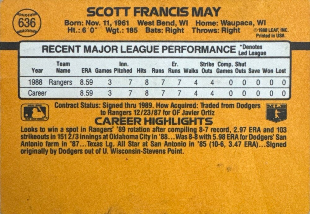 1989 Donruss Scott Francis May Baseball Card #636